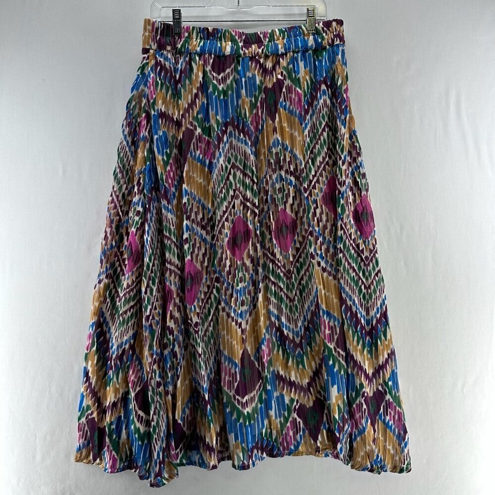 Lascana Pleated Midi Skirt Size 8 Geometric Ikat Lined Elastic Waist Multi-Color - Picture 3 of 12